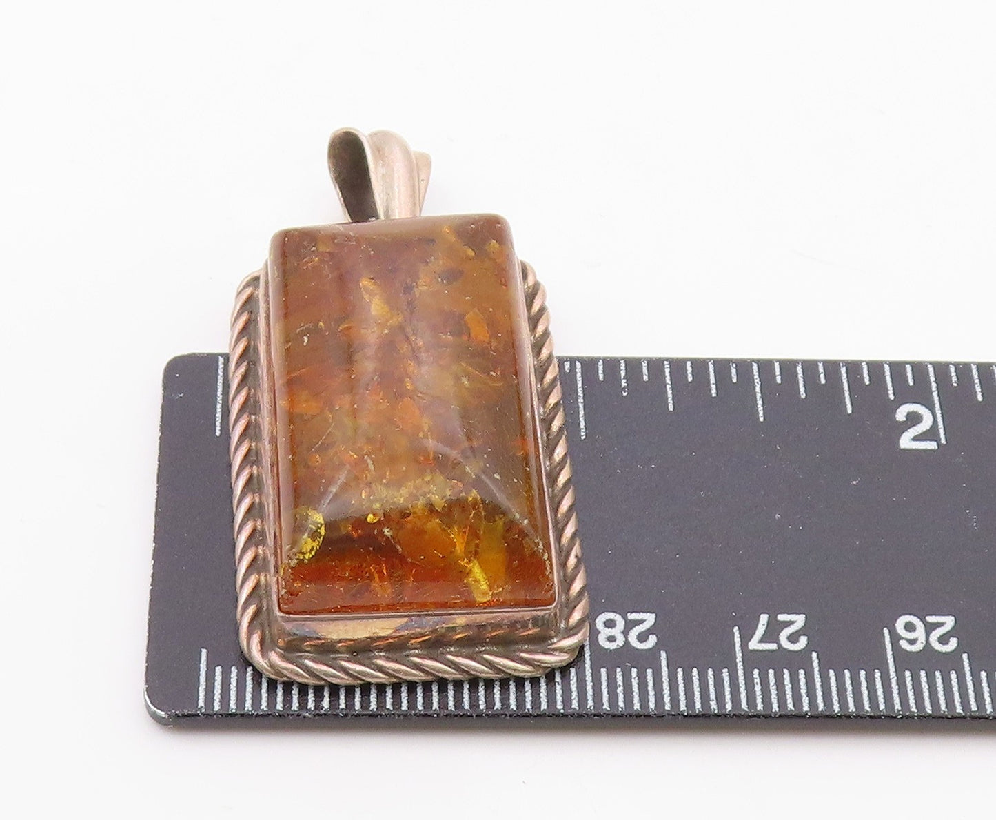 925 Silver Vintage Rectangular Cabochon Cut Baltic Amber Drop Pendant PT20496