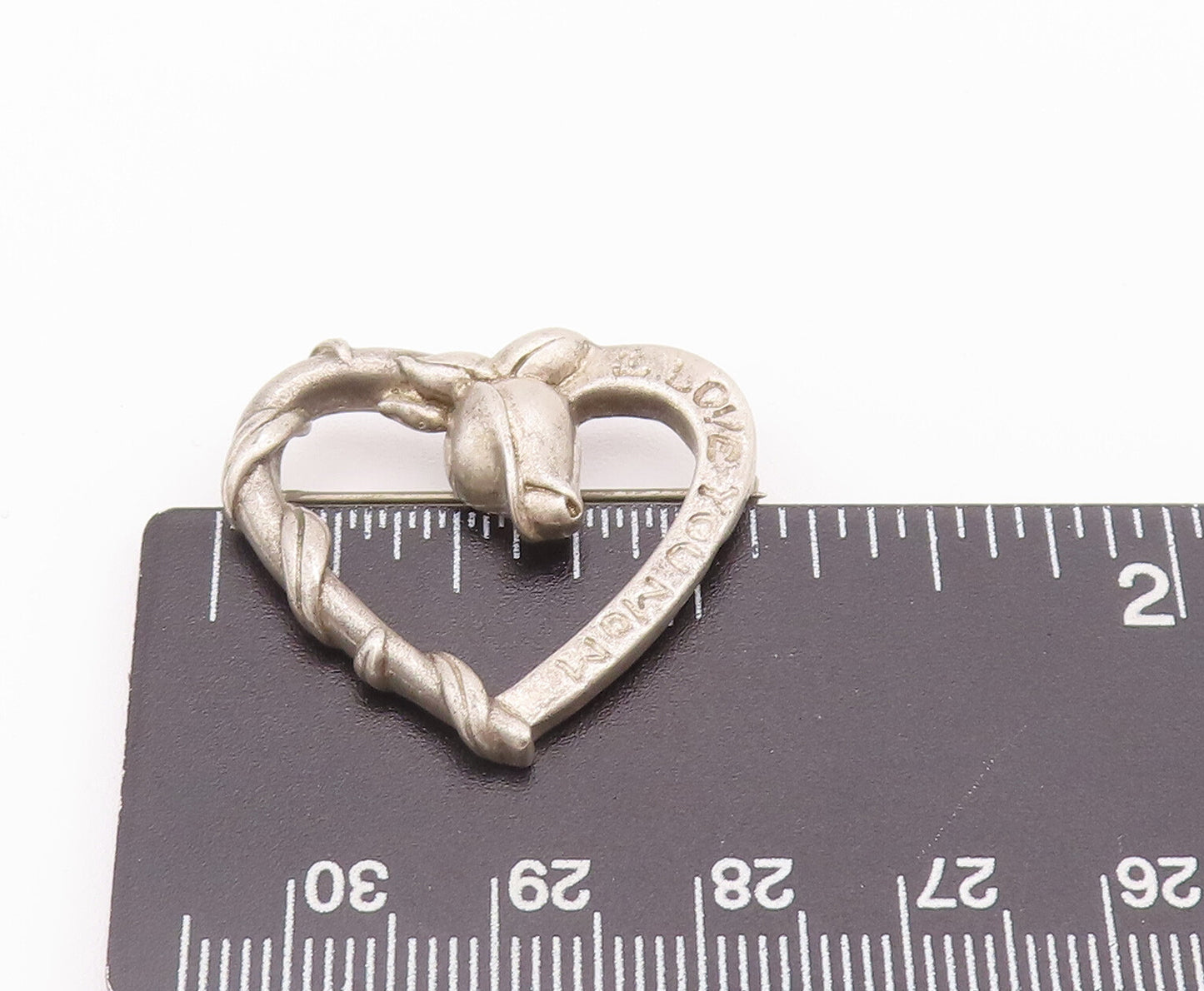 925 Sterling Silver Vintage Brooch Pin Coiled Carved Rose Love Heart BP10758