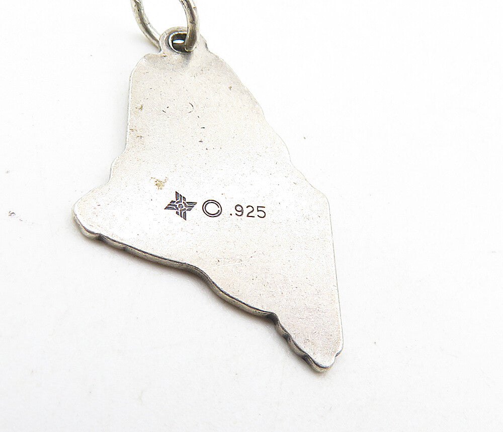 925 Sterling Silver Vintage Dark Tone Maine State Map Drop Pendant PT6919