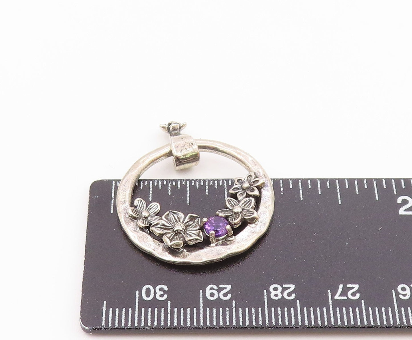OR PAZ ISRAEL 925 Silver Vintage Hammered Floral Amethyst Pendant PT21477