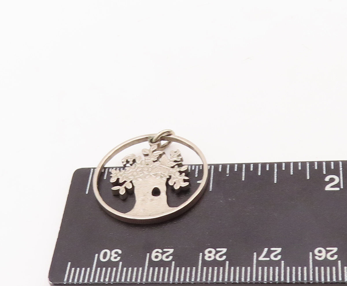 925 Sterling Silver Vintage Pendant Round Framed Solid Cutout Coin Tree PT23157