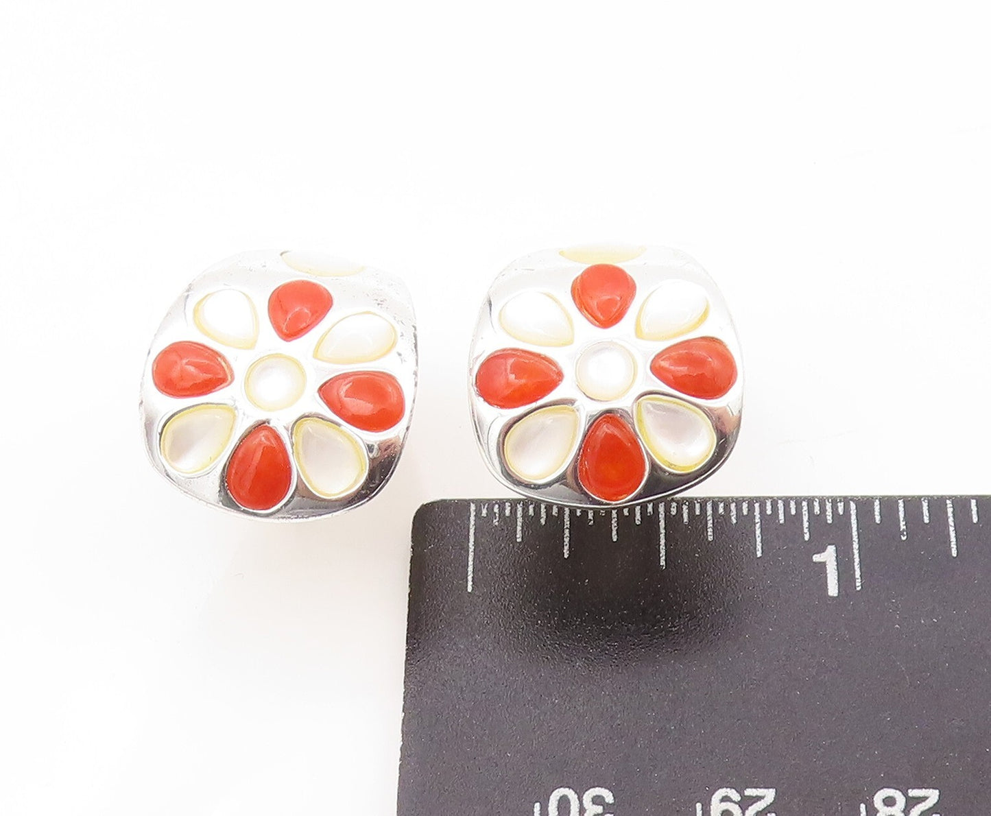 925 Sterling Silver Vintage Earrings Mother Of Pearl & Carnelian Flower EG13397