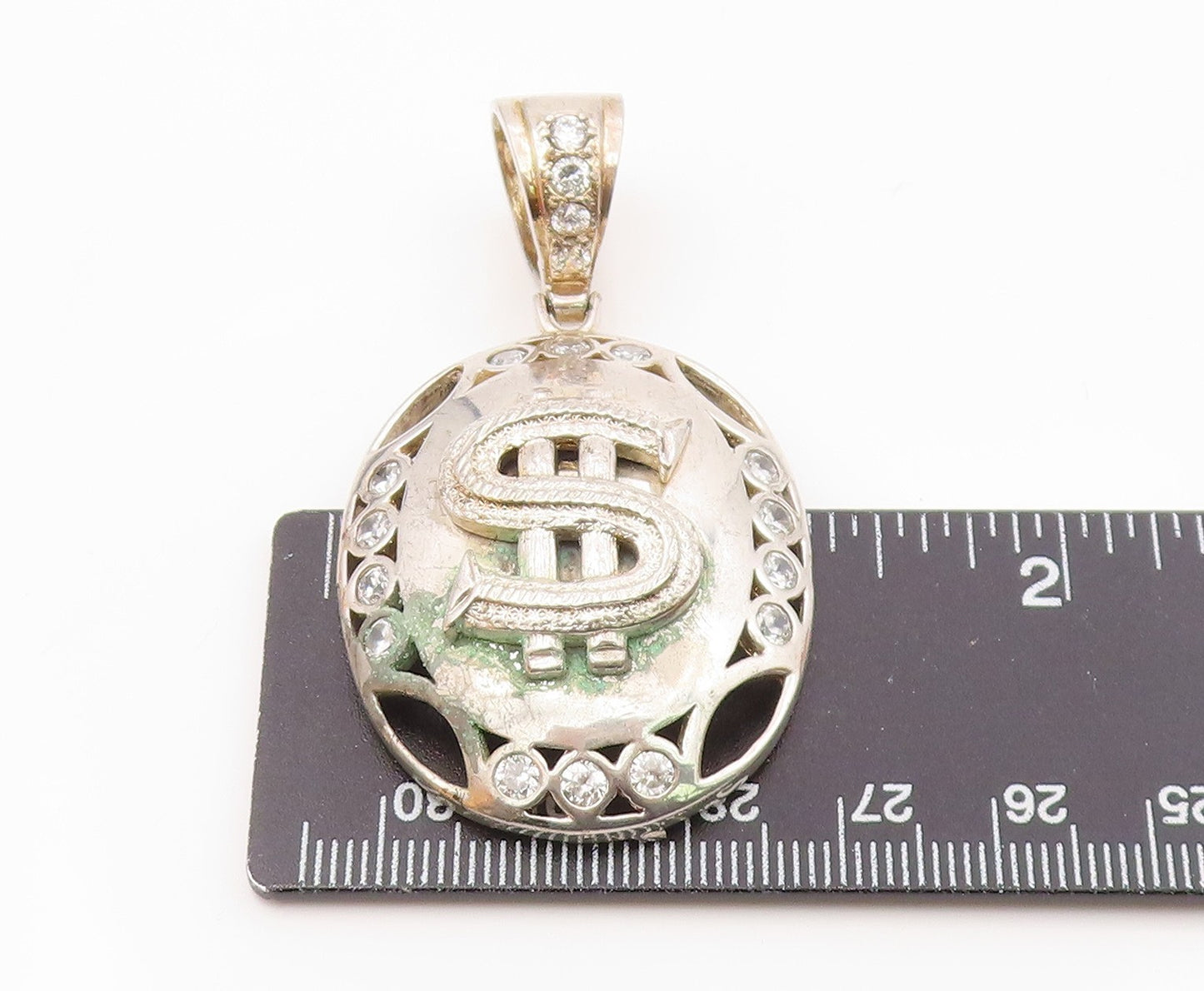 925 Sterling Silver Vintage Shiny Topaz Dollar Sign Drop Pendant PT18978