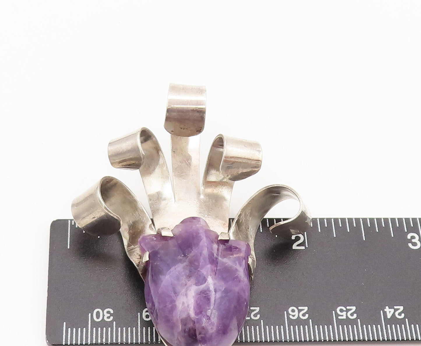 925 Sterling Silver Vintage Carved 3D Amethyst Flower Brooch Pin BP10433
