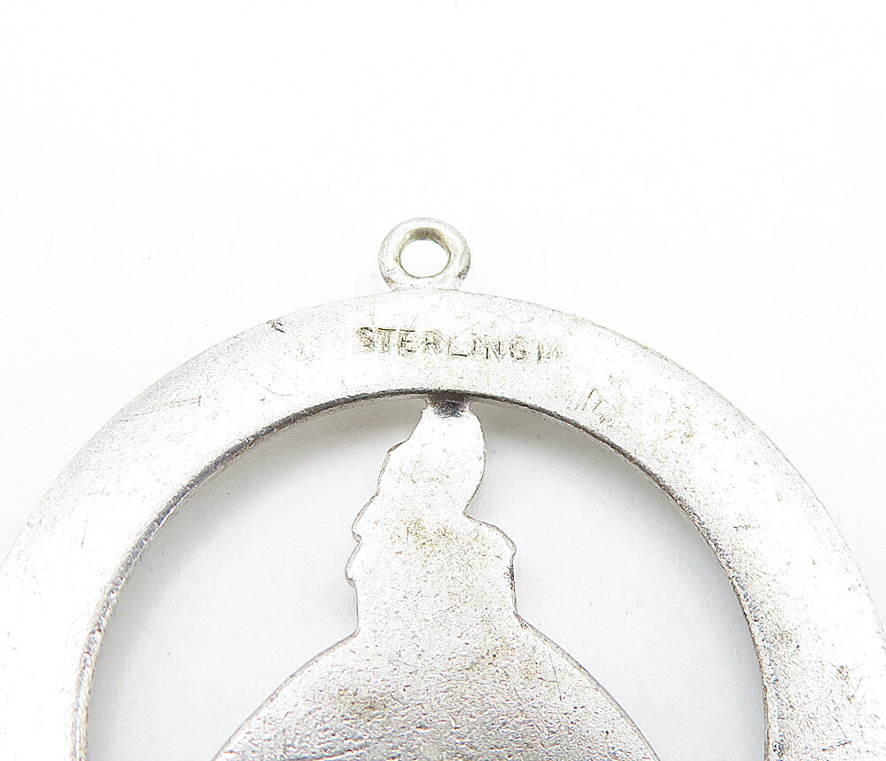925 Sterling Silver Vintage Woman In Floral Dress Open Circle Pendant PT4236