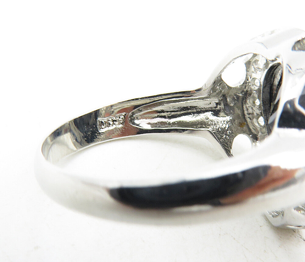 925 Sterling Silver Hematite & Cubic Zirconia Heart Cocktail Ring Sz 8 RG9021