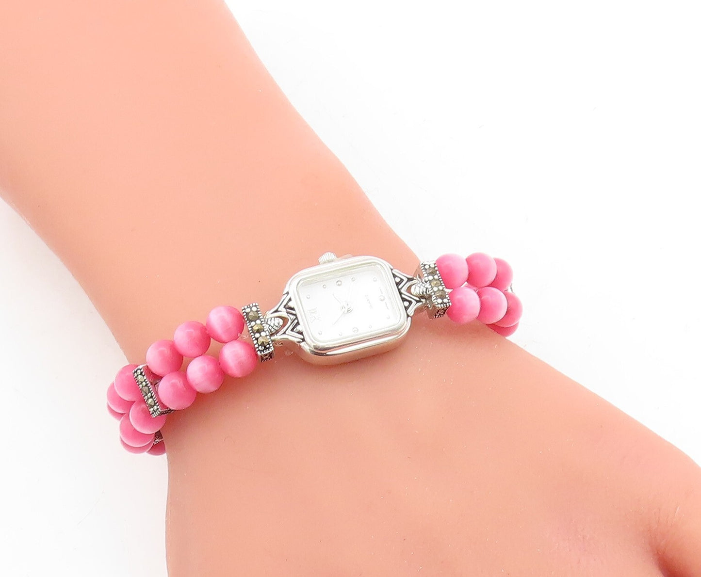 925 Sterling Silver Beaded Cat's Eye & Marcasite Watch Bracelet BT1022