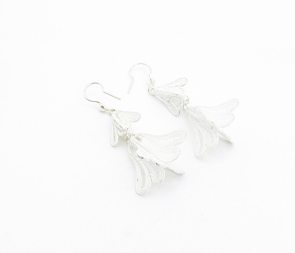 925 Sterling Silver Shiny Filigree Detail Floral Link Dangle Earrings EG3428