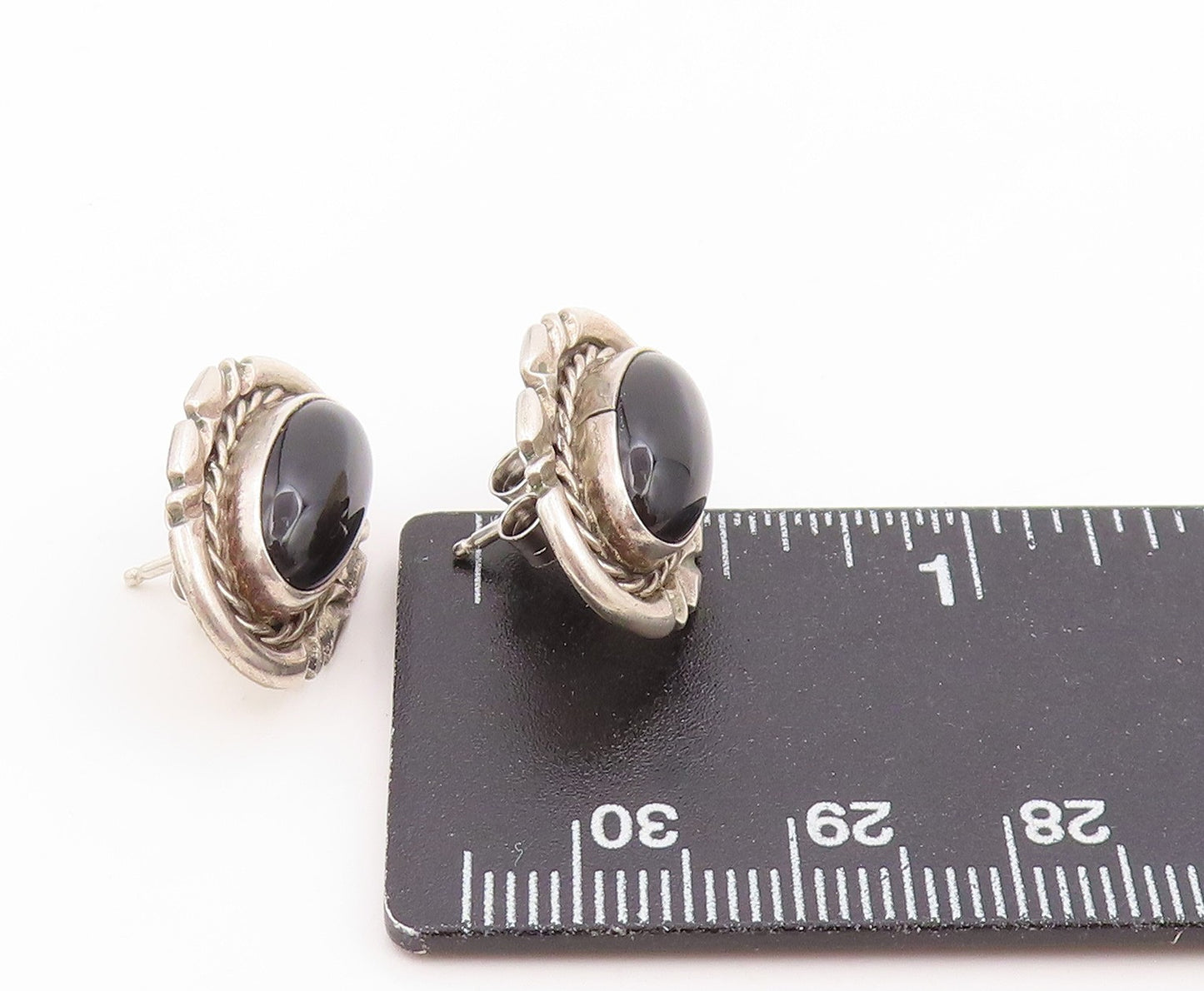 925 Sterling Silver Vintage Earrings NAVAJO Cabochon Onyx Bold Studs EG14034