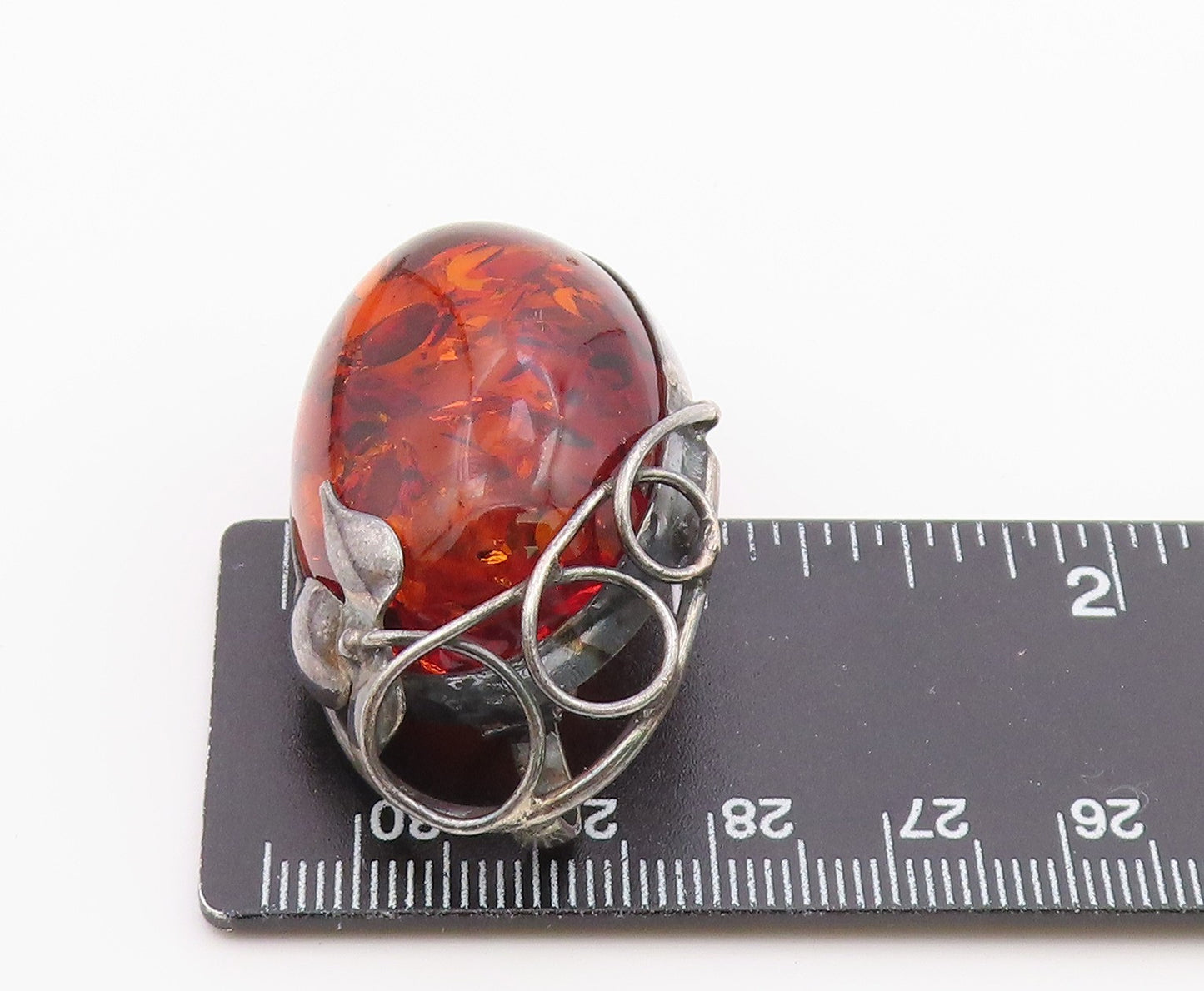 925 Sterling Silver Vintage Cabochon Cut Amber Floral Leaf Brooch Pin BP8463