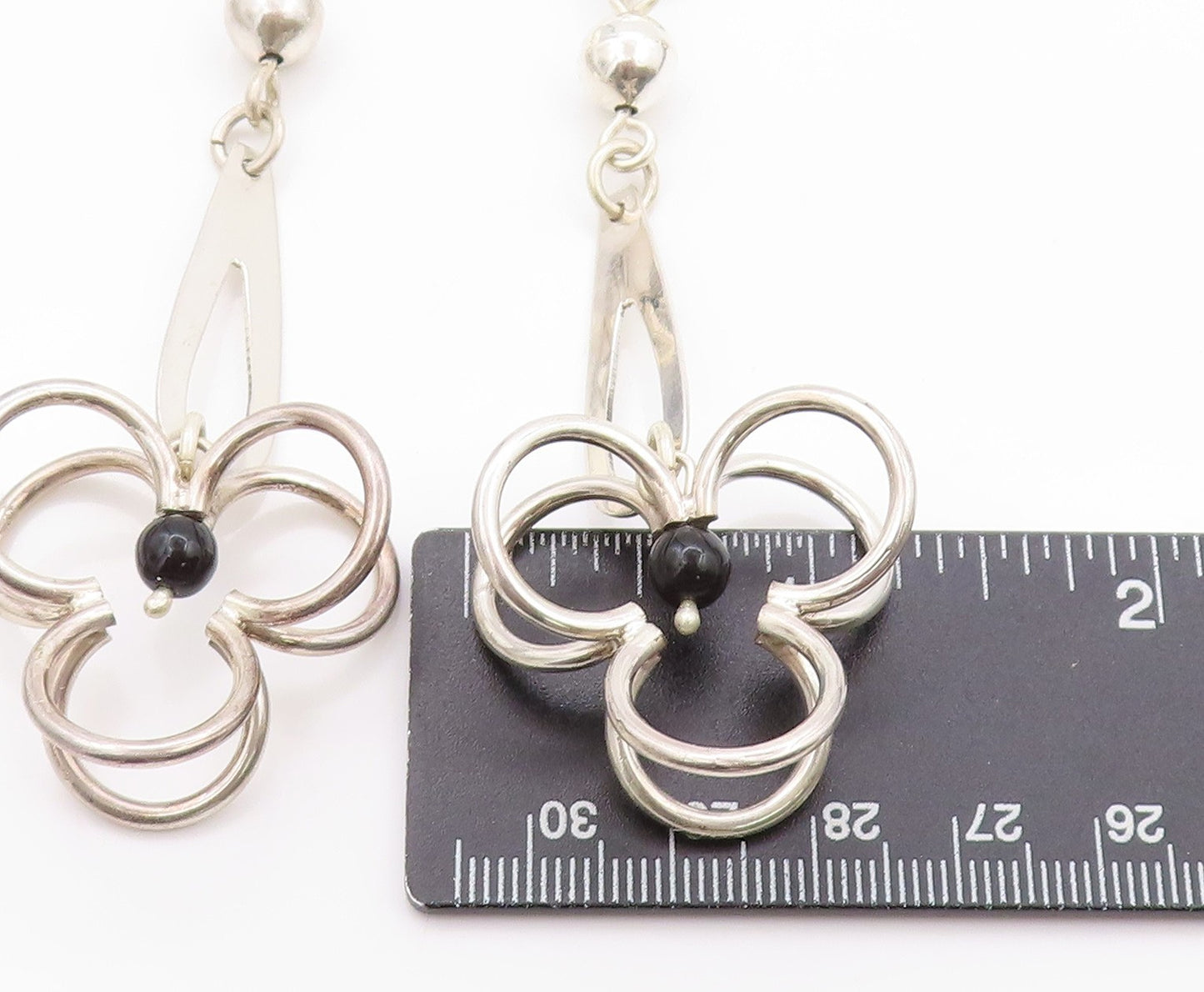 925 Sterling Silver Vintage Earrings MEXICO Modernist Drop Onyx Flower EG13577