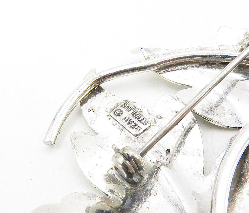 BEAU 925 Sterling Silver Vintage Shiny Double Autumn Leaf Brooch Pin BP3409