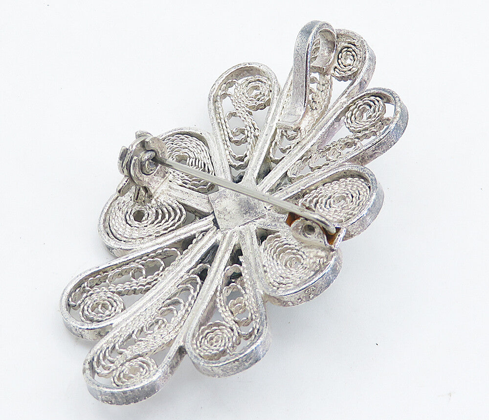 925 Sterling Silver Vintage Eilat Stone Filigree Flower Brooch Pin BP2872