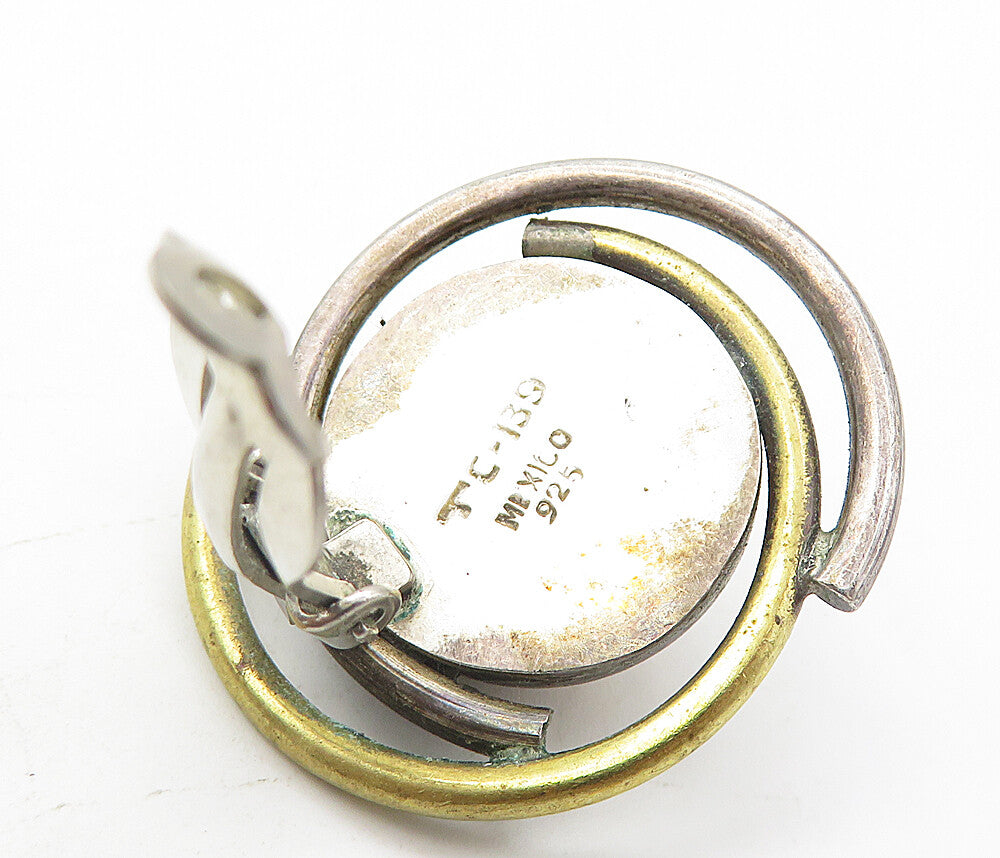 MEXICO 925 Sterling Silver Vintage Two Tone Dome Non Pierce Earrings EG3838