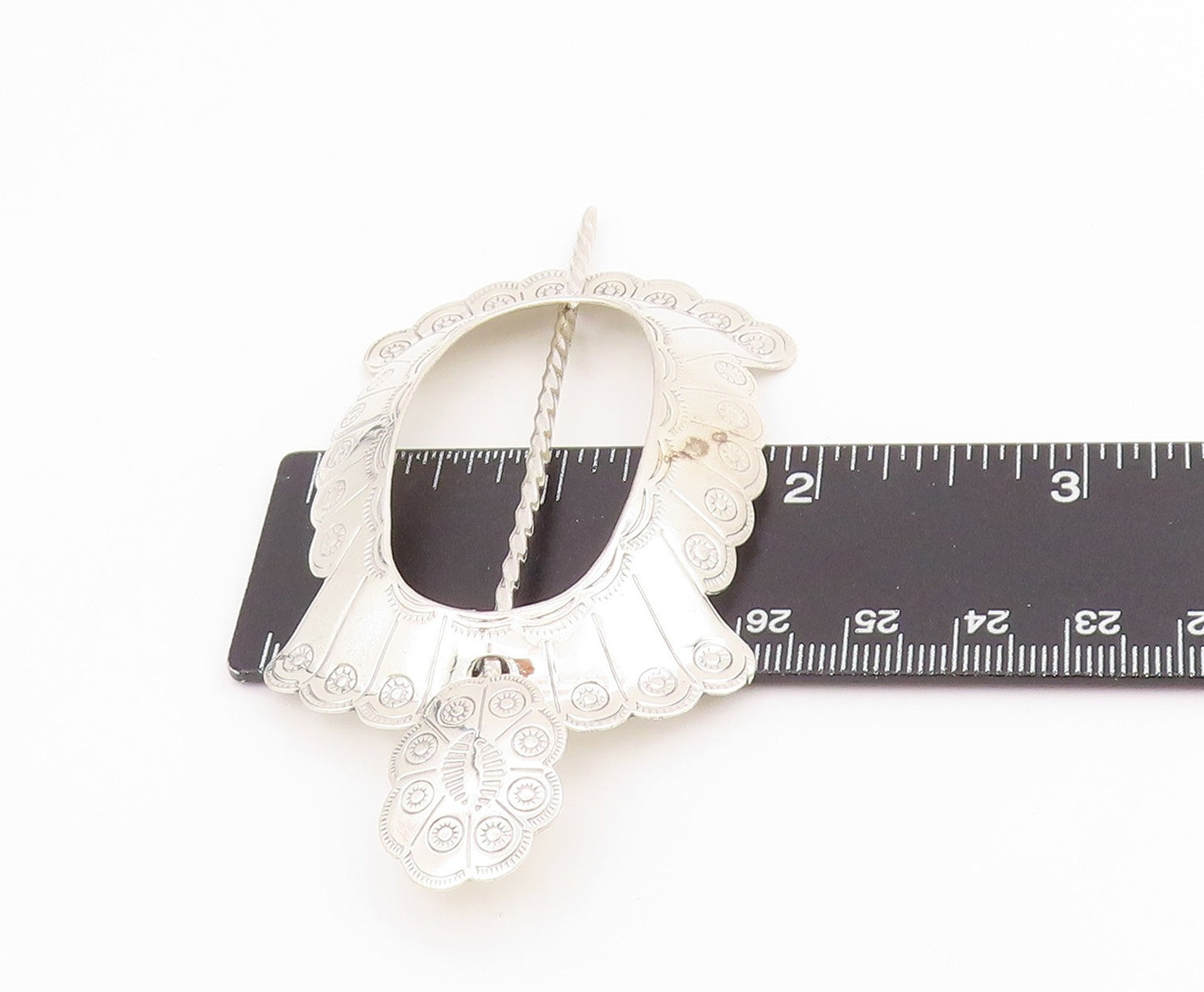 925 Sterling Silver Vintage Hair Barrette Etched Intricate Concho Pin TR4159
