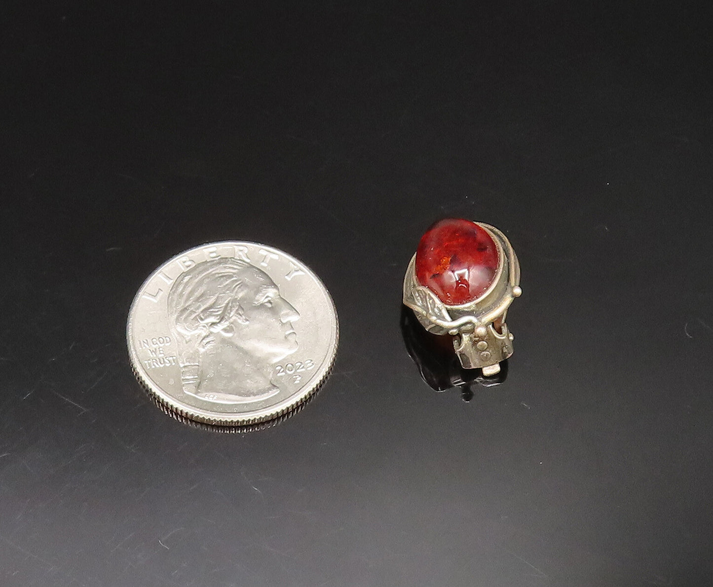 POLAND 925 Silver Vintage Leaf Wrapped Amber Non Pierced Earrings EG11757