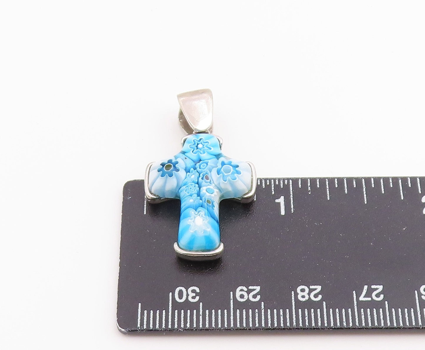 925 Sterling Silver Vintage Pendant JEAN K Murano Glass Religious Cross PT26519