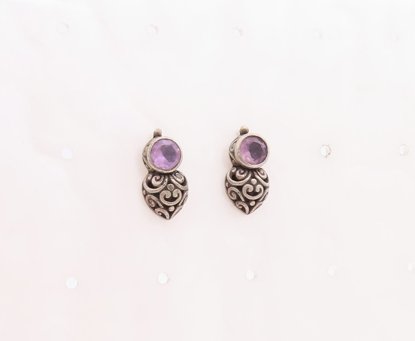 925 Sterling Silver Vintage Earrings Dark Tone Swirly Carved Amethyst EG13248