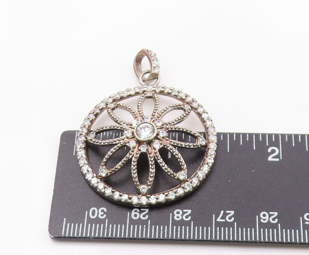925 Sterling Silver Vintage Cubic Zirconia Open Flower Motif Pendant PT18476