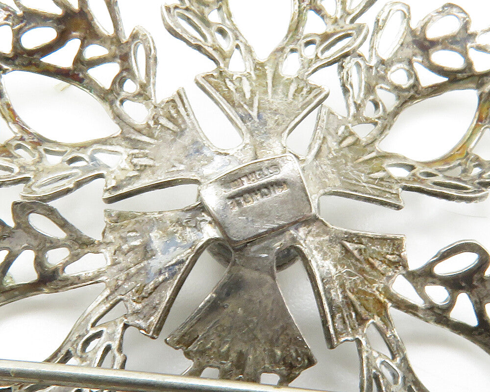 MICHELE 925 Sterling Silver Vintage Open Flower Motif Brooch Pin BP5527