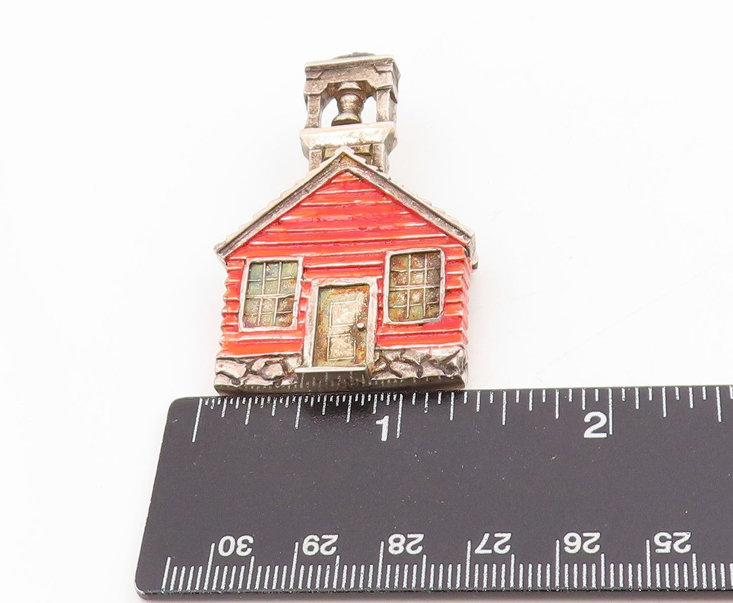 925 Sterling Silver Vintage Brooch Red Enameled Schoolhouse With Bell BP12046