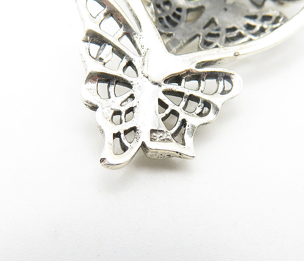 925 Sterling Silver Vintage Topaz & Peridot Butterfly Heart Brooch Pin BP2969