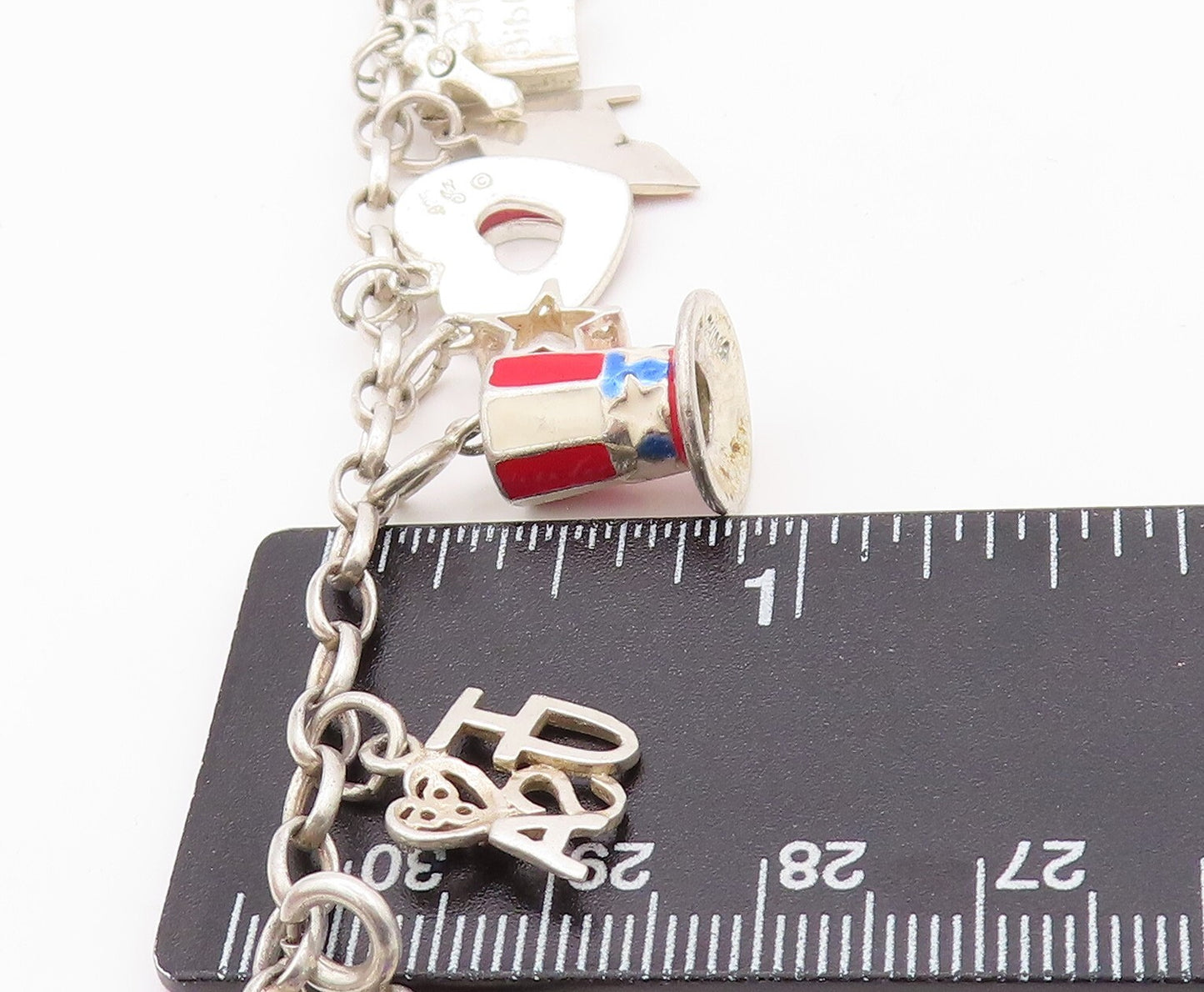 925 Sterling Silver Vintage Bracelet Dangling USA Charm Topaz Inlay BT10805