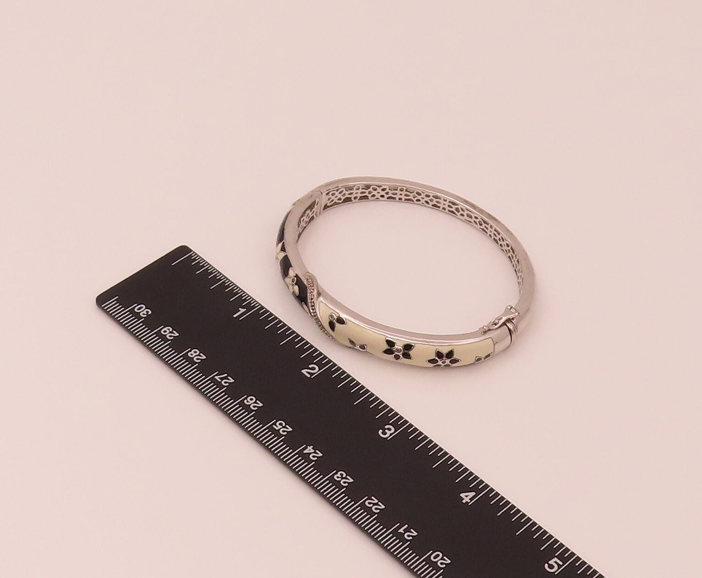 925 Silver Vintage Diamond & Enamel Floral Clip Lock Bangle Bracelet BT9815