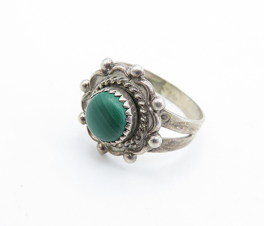 NAVAJO 925 Sterling Silver Vintage Malachite Cocktail Ring Sz 4.5 RG6652