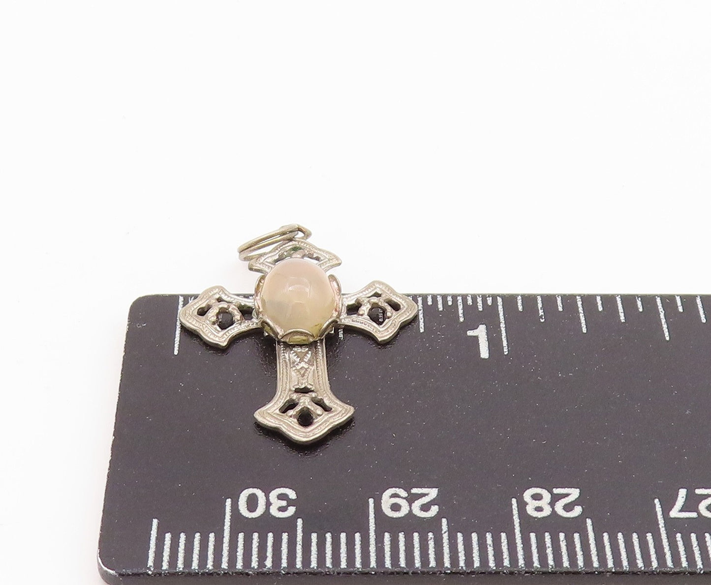 925 Sterling Silver Vintage Pendant Antique Gemstone Carved Cross PT24272