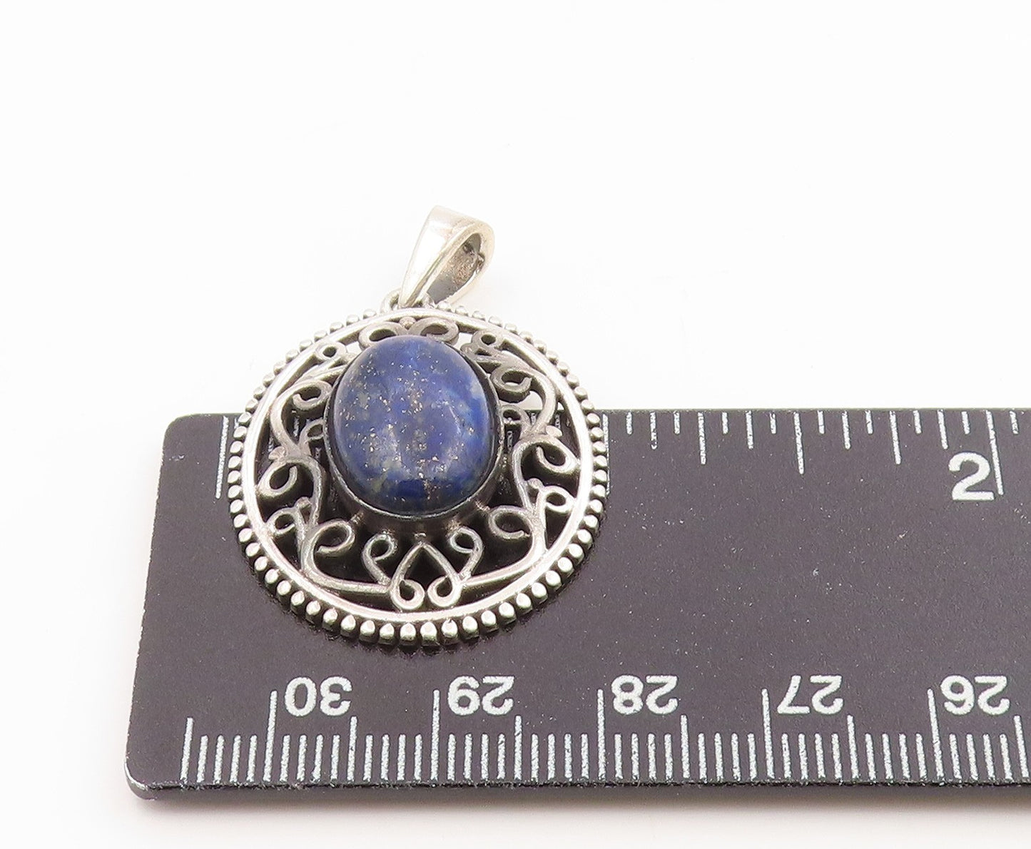 925 Sterling Silver Vintage Pendant Cabochon Lapis Lazuli Openwork Charm PT26239