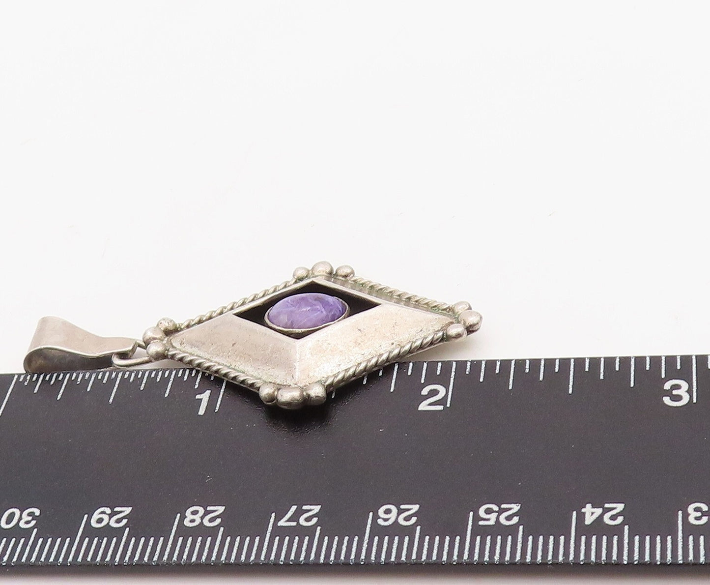 925 Sterling Silver Vintage Pendant RB NAVAJO Carved Diamond Shape Gem PT23542