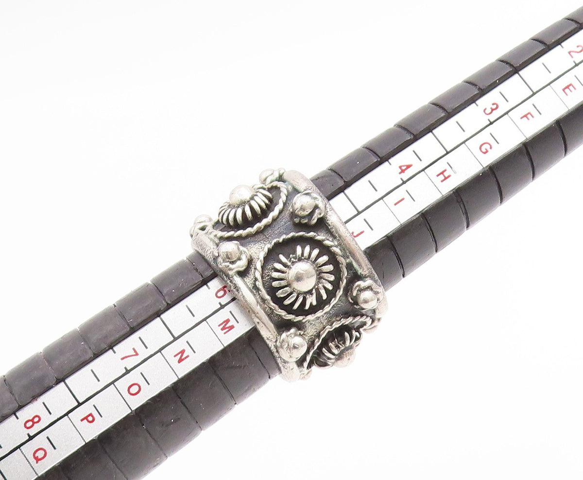 925 Sterling Silver Vintage Ring Beaded Floral Motif Wide Band Sz 5 RG33769