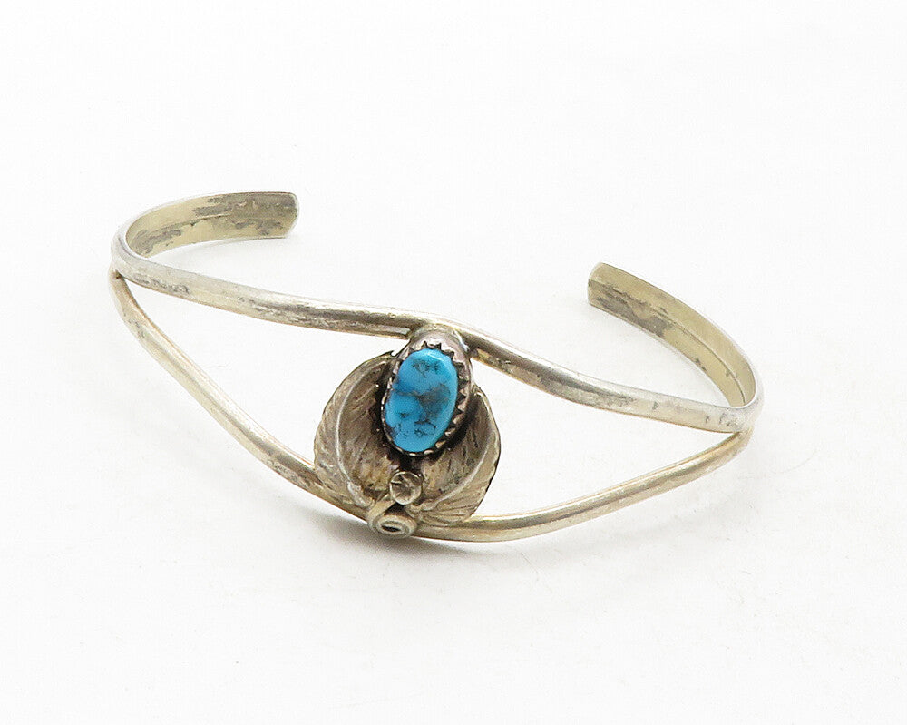 NAVAJO 925 Sterling Silver Vintage Turquoise Floral Leaf Cuff Bracelet BT4888