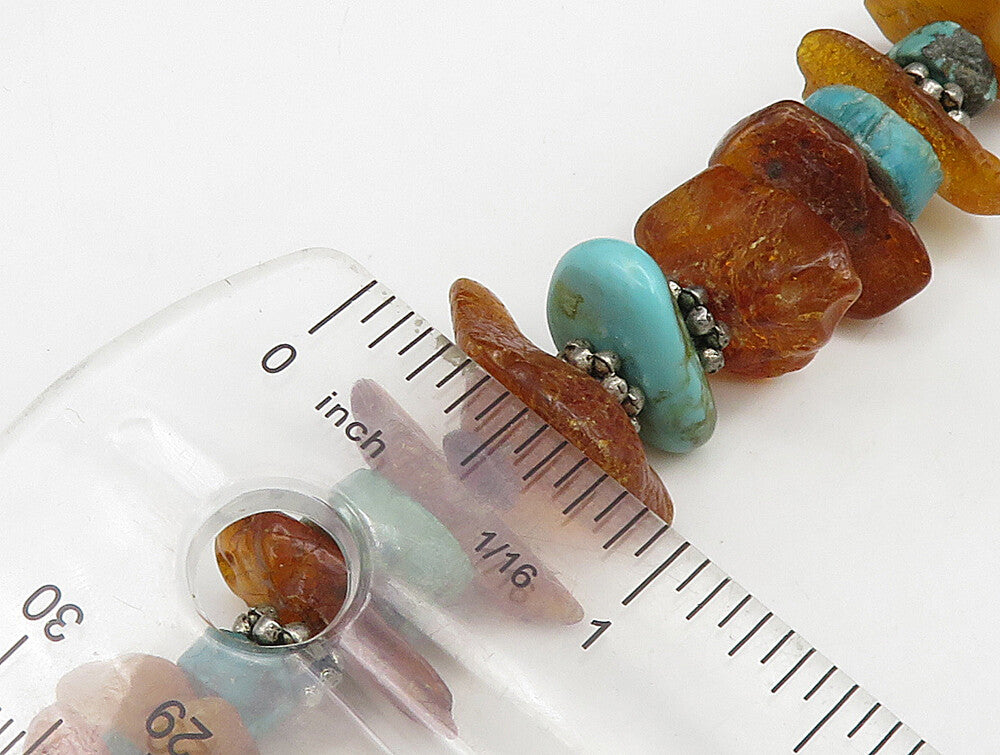 925 Sterling Silver Vintage Garnet Amber & Turquoise Necklace NE3831