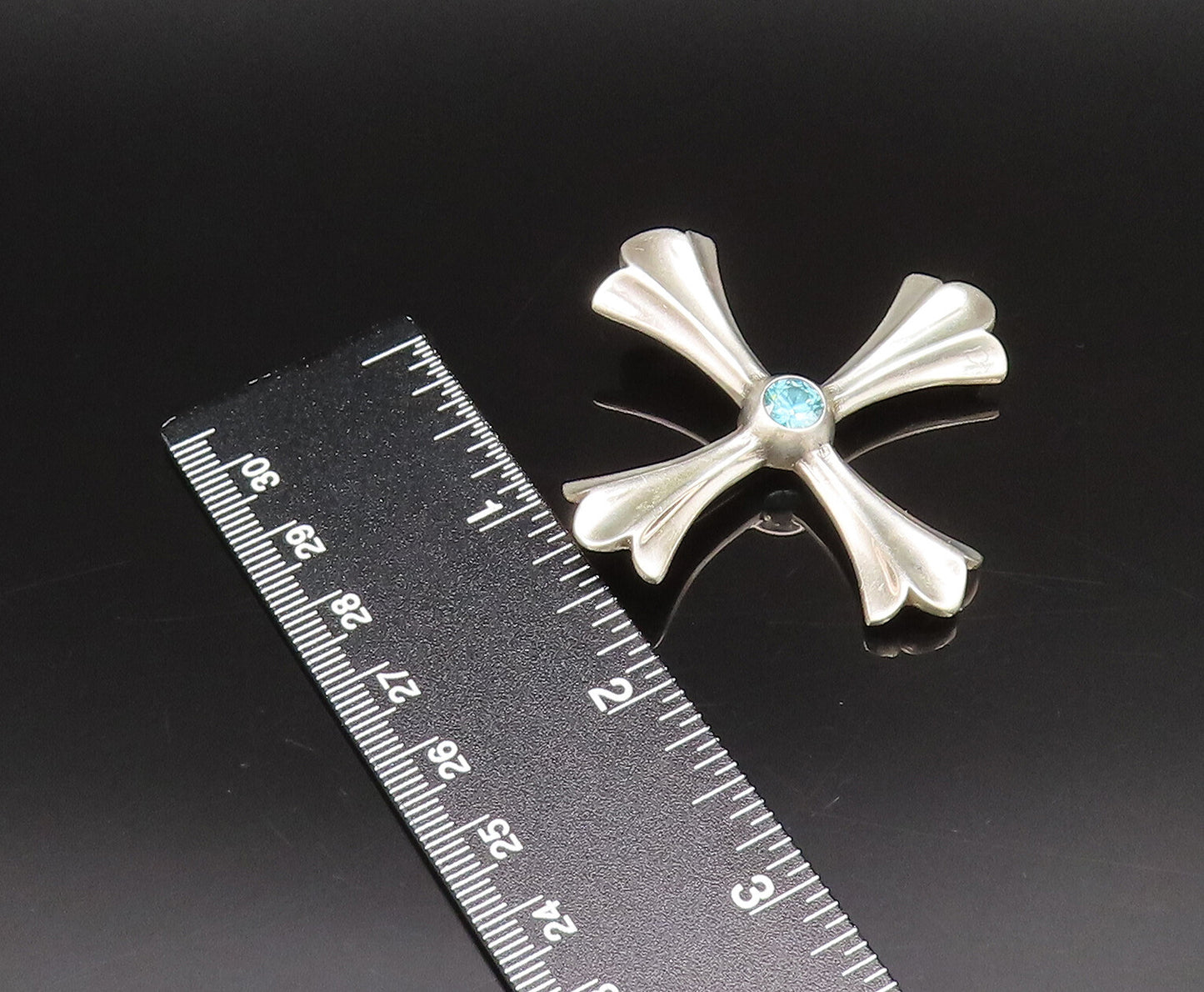 925 Sterling Silver Vintage Fancy Blue Topaz Fluted Cross Brooch Pin BP10067