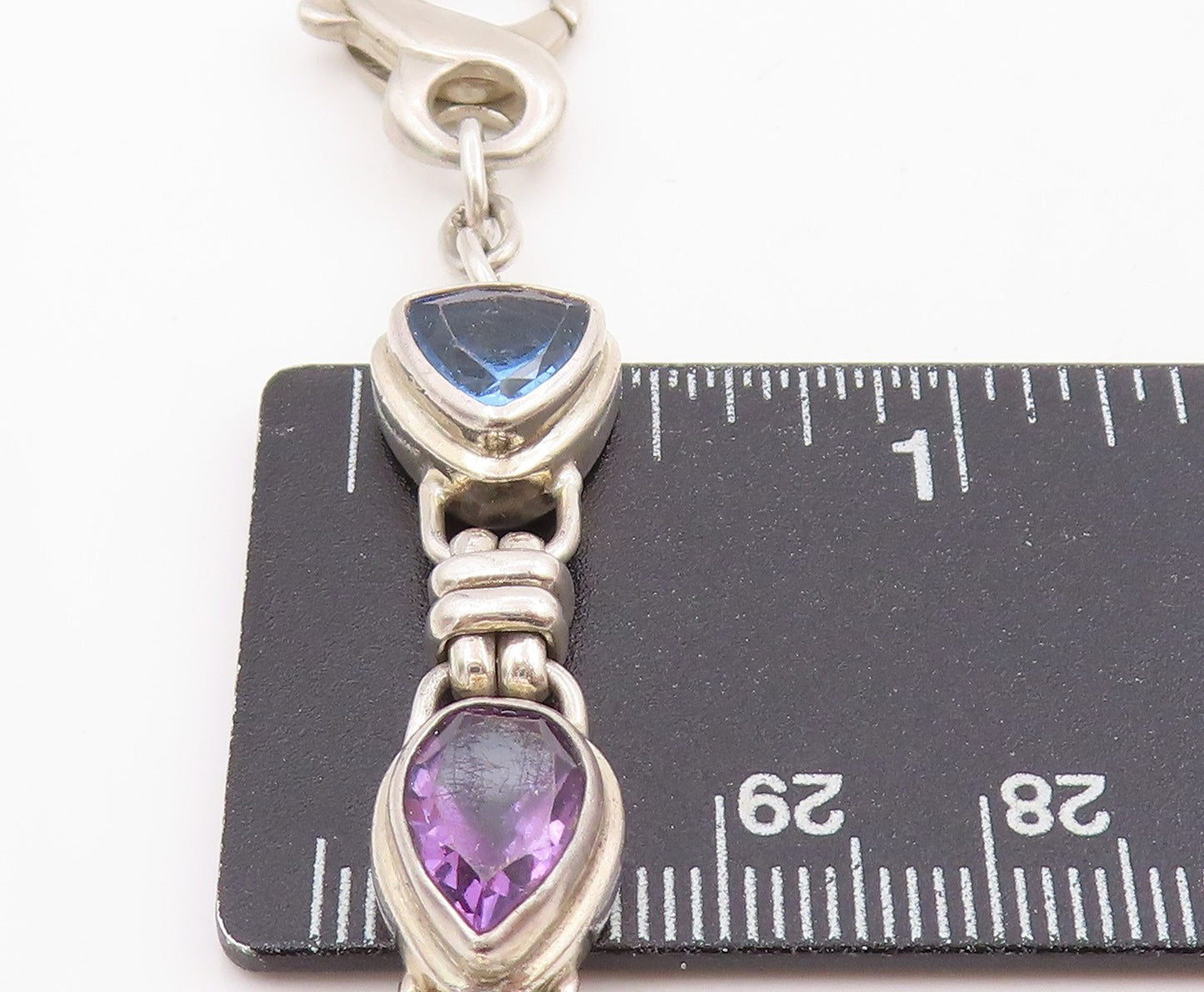 925 Sterling Silver Vintage Bracelet Amethyst & Blue Topaz Link Chain BT11465