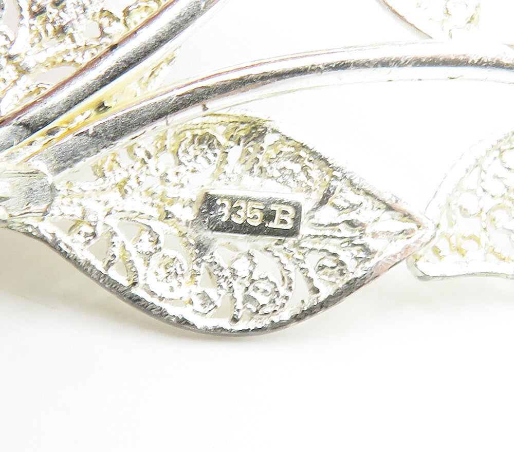 925 Sterling Silver Vintage Shiny Filigree Flowers Motif Brooch Pin BP6471