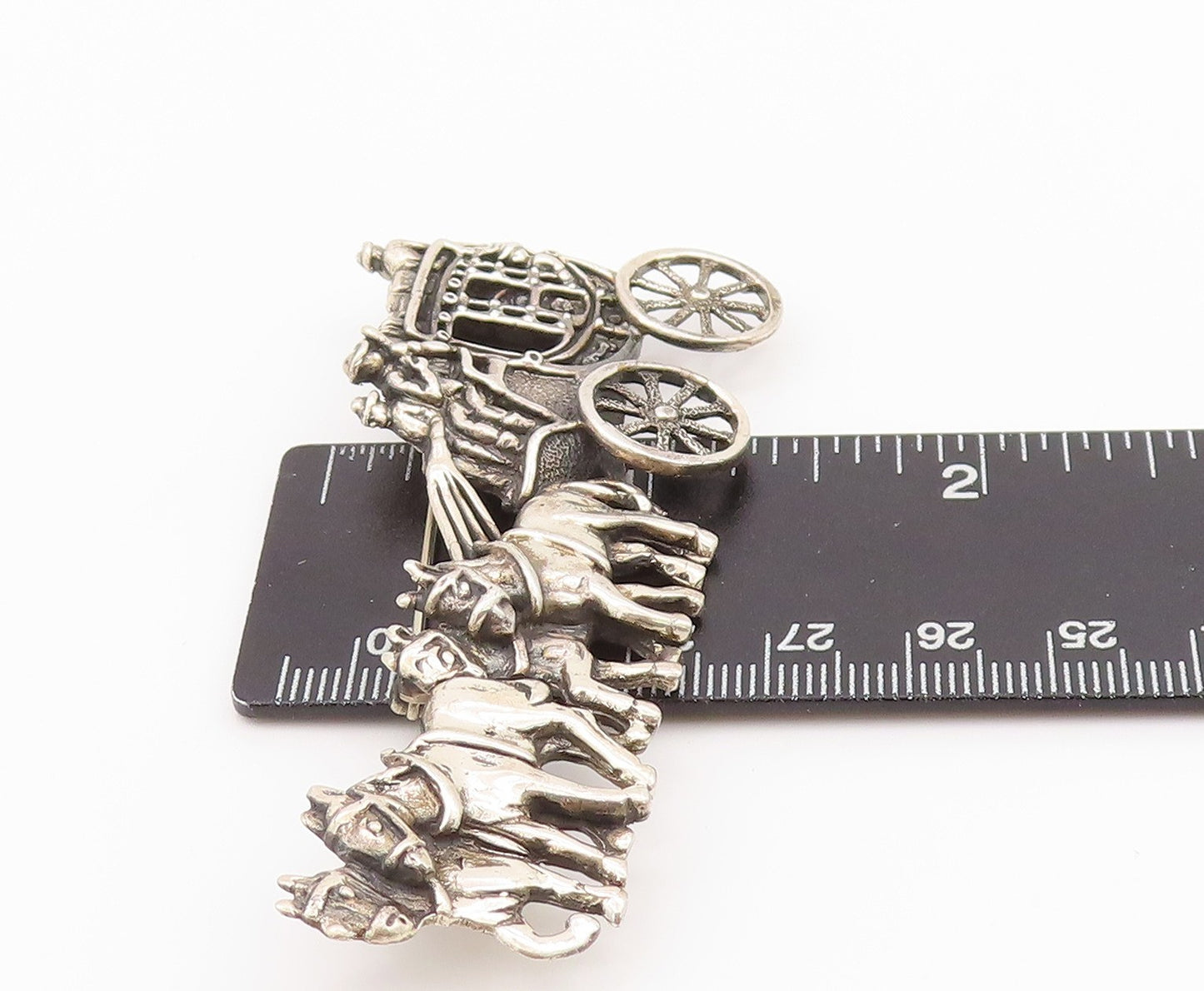 925 Sterling Silver Vintage Brooch Antique Cutout Royal Horse Cart BP11683