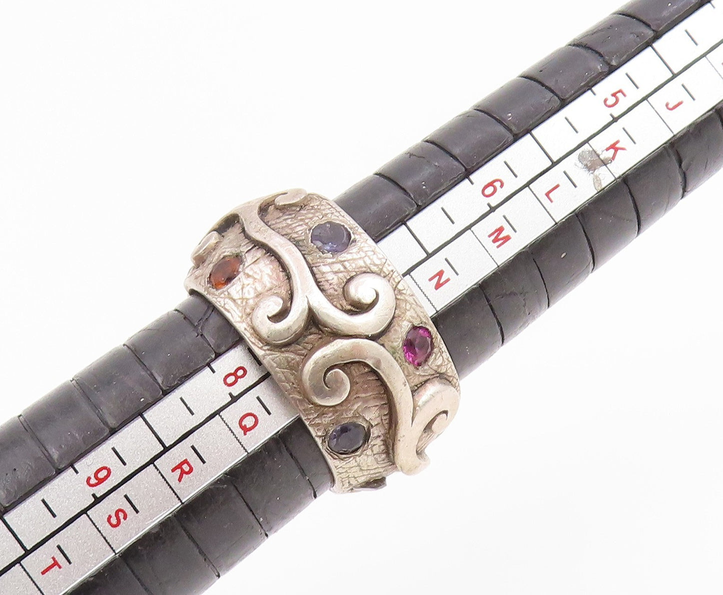 925 Sterling Silver Vintage Ring Multi Gemstone Swirly Scroll Band Sz 7 RG35728