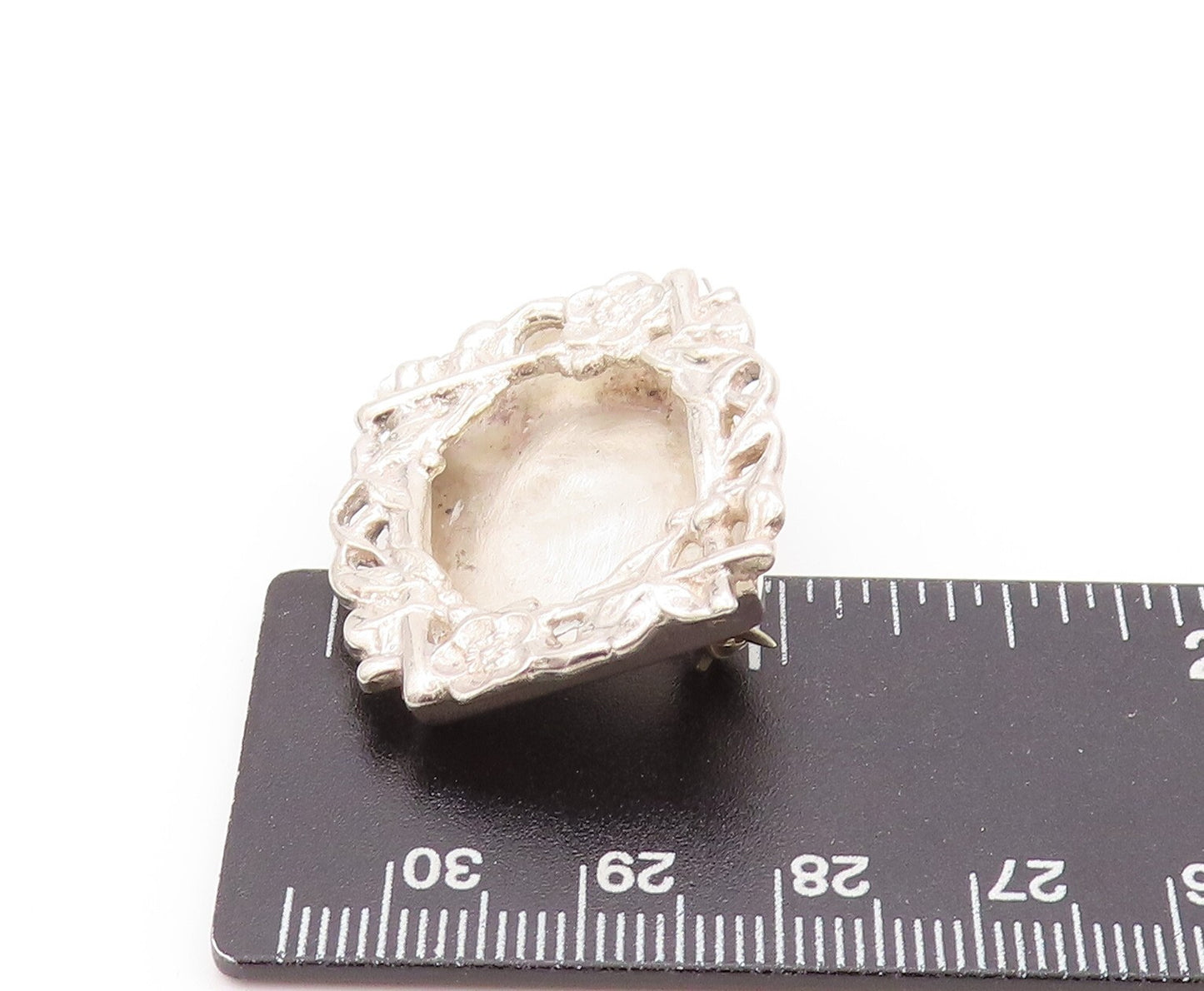 925 Sterling Silver Vintage Brooch Designer Floral Carved Photo Frame BP11518