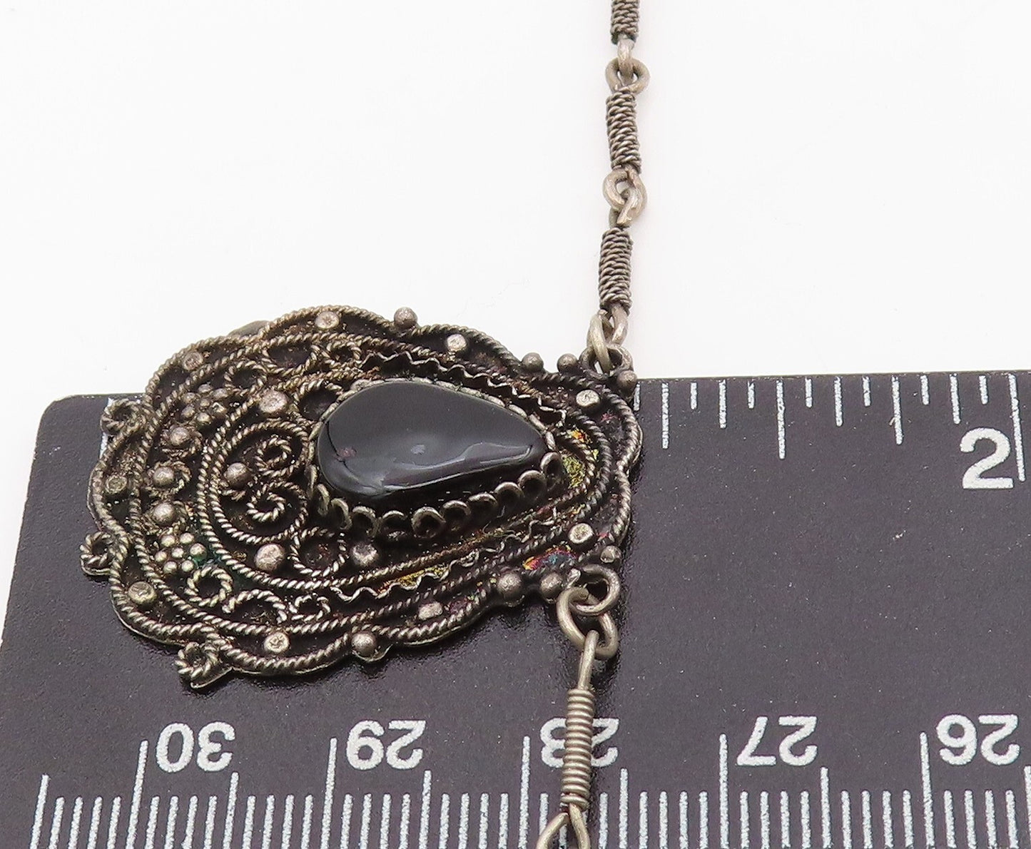 925 Sterling Silver Vintage Necklace Dark Tone Swirly Carved Onyx Inlay NE4449