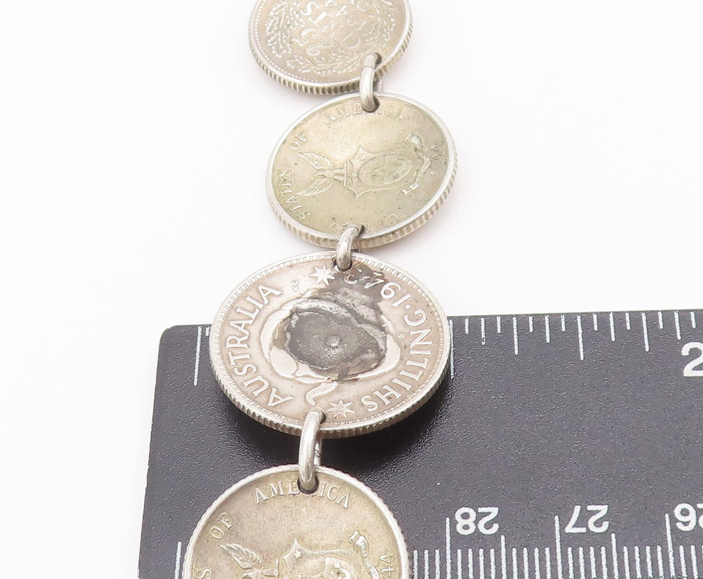 925 Sterling Silver Vintage Bracelet Solid Etched Australian Link Coins BT10286