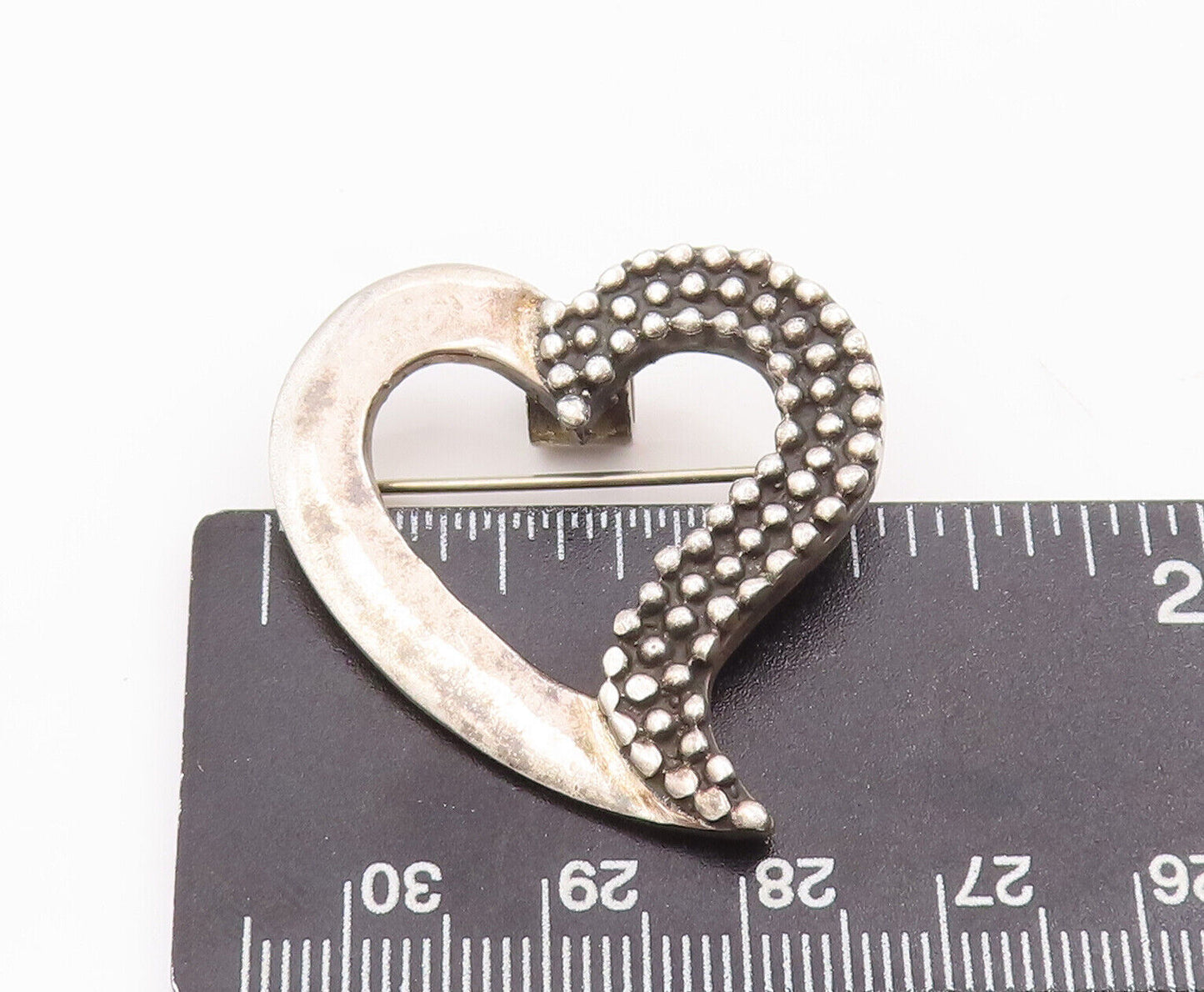 925 Sterling Silver Vintage Brooch Pin Minimalist Beaded Carved Heart BP10934