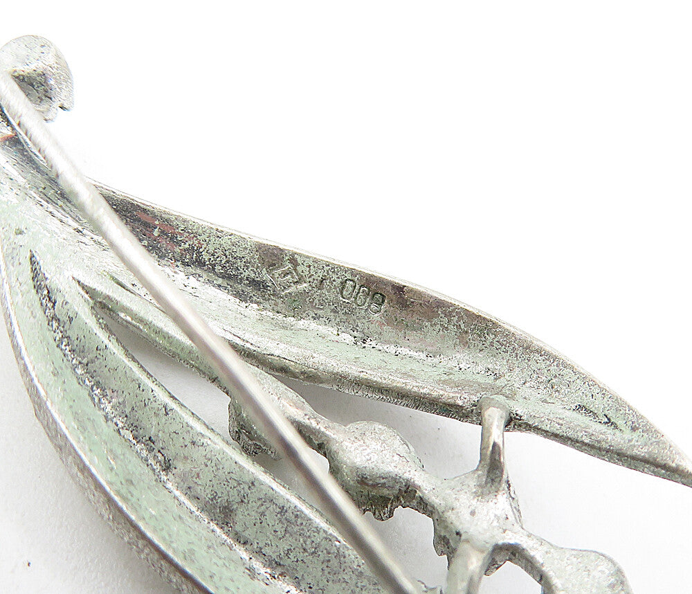 925 Sterling Silver Vintage Sparkling Floral Leaf Design Brooch Pin BP1602