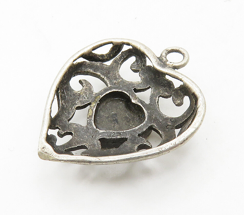 925 Sterling Silver Vintage Black Onyx Swirl Love Heart Pendant PT12315