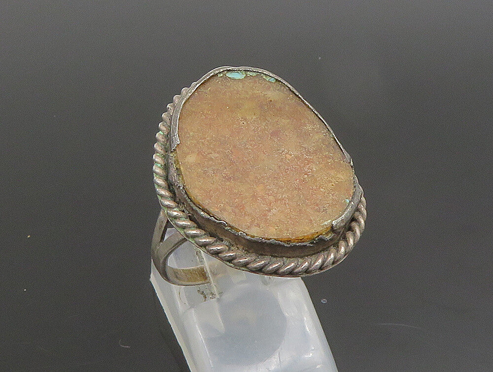 925 Silver Vintage Inlaid Gemstone Rope Twist Border Ring Sz 10 RG24660