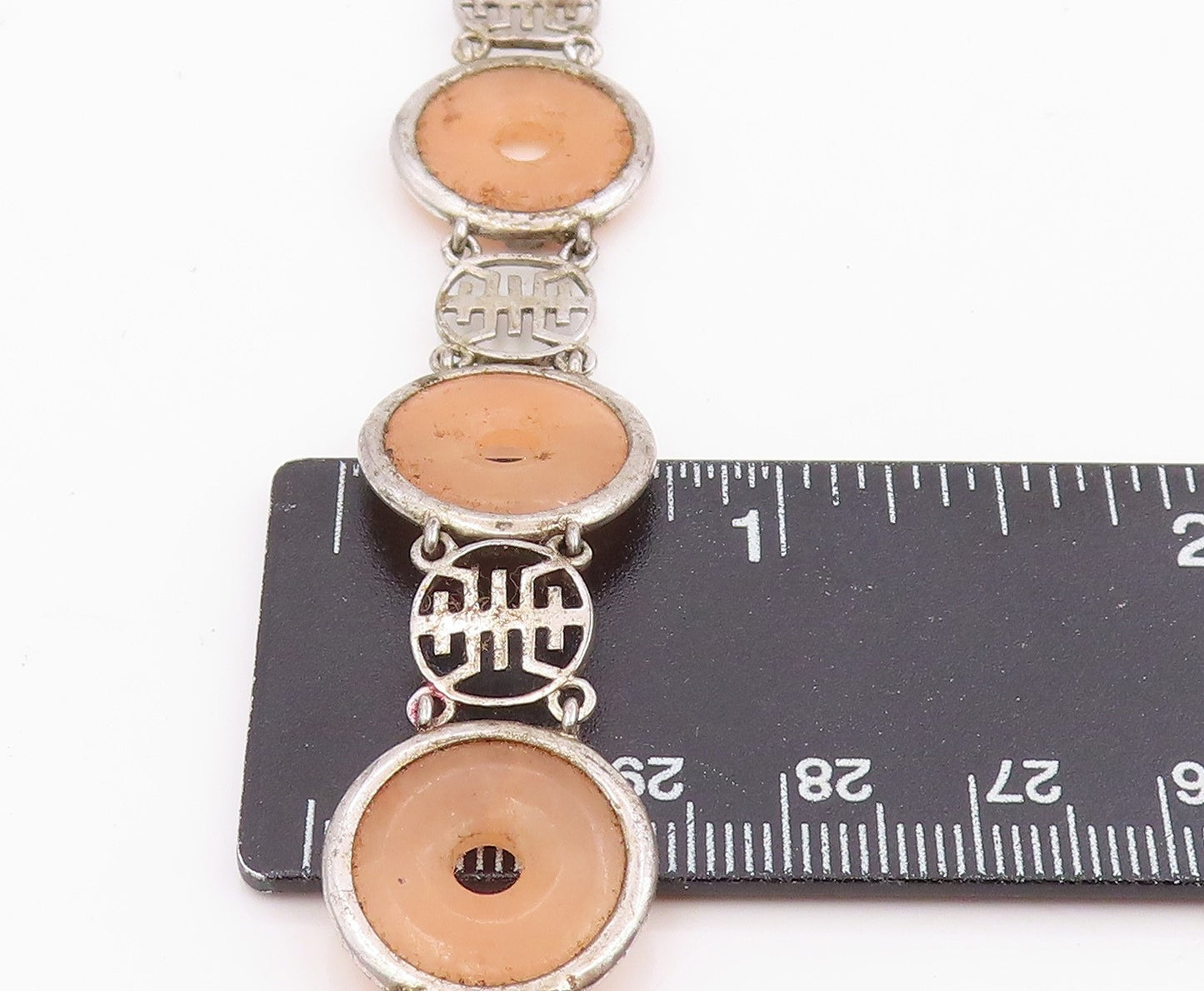 925 Sterling Silver Vintage Bracelet Peach Gemstone Classic Circle Link BT11982
