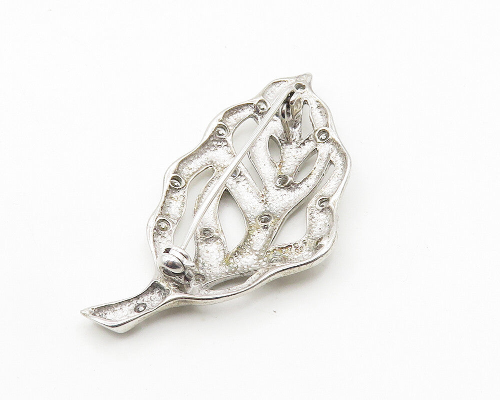 925 Sterling Silver Vintage Cubic Zirconia Spotted Leaf Brooch Pin BP4171