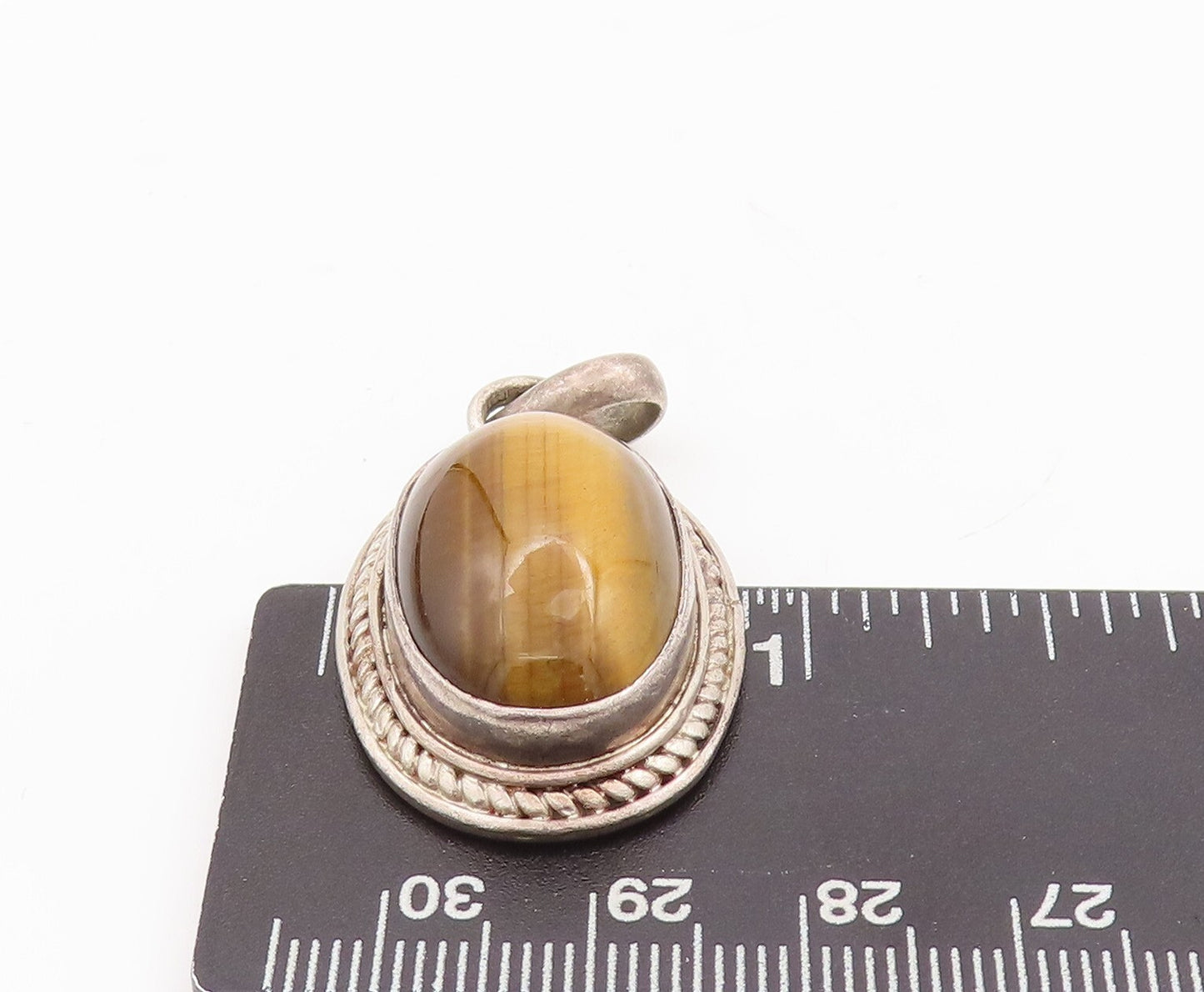 925 Sterling Silver Vintage Pendant Oval Tiger's Eye Halo Twisted Rope PT23452